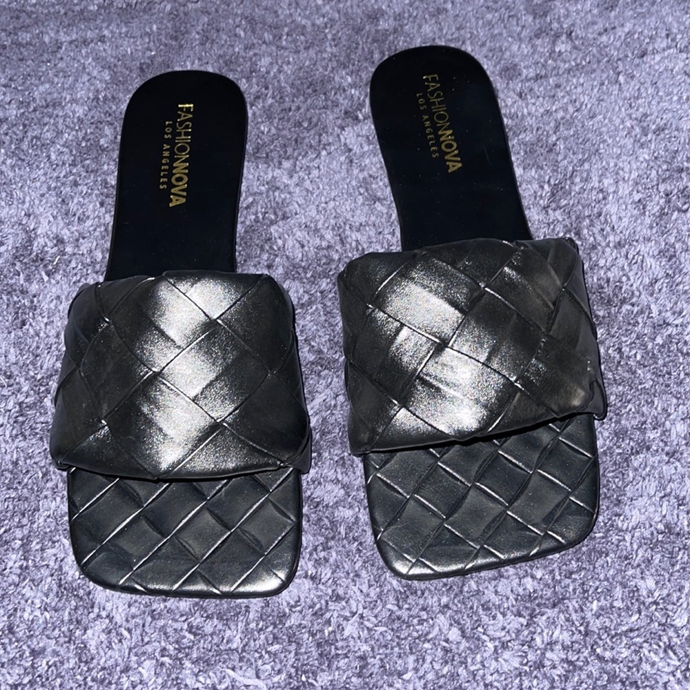 Black Faux Leather Open Toe Flats! Brand New!